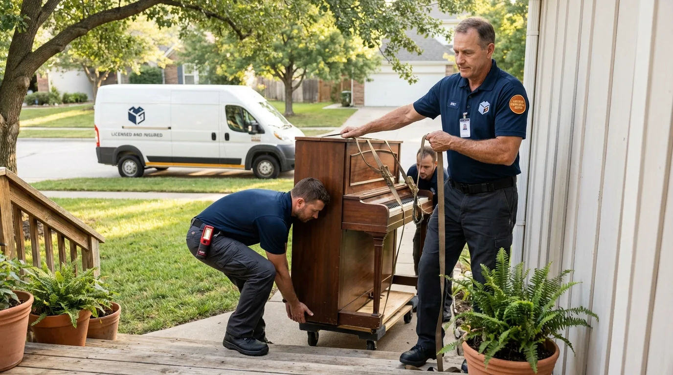 Licensed piano movers securing grand piano in Covington, IN
