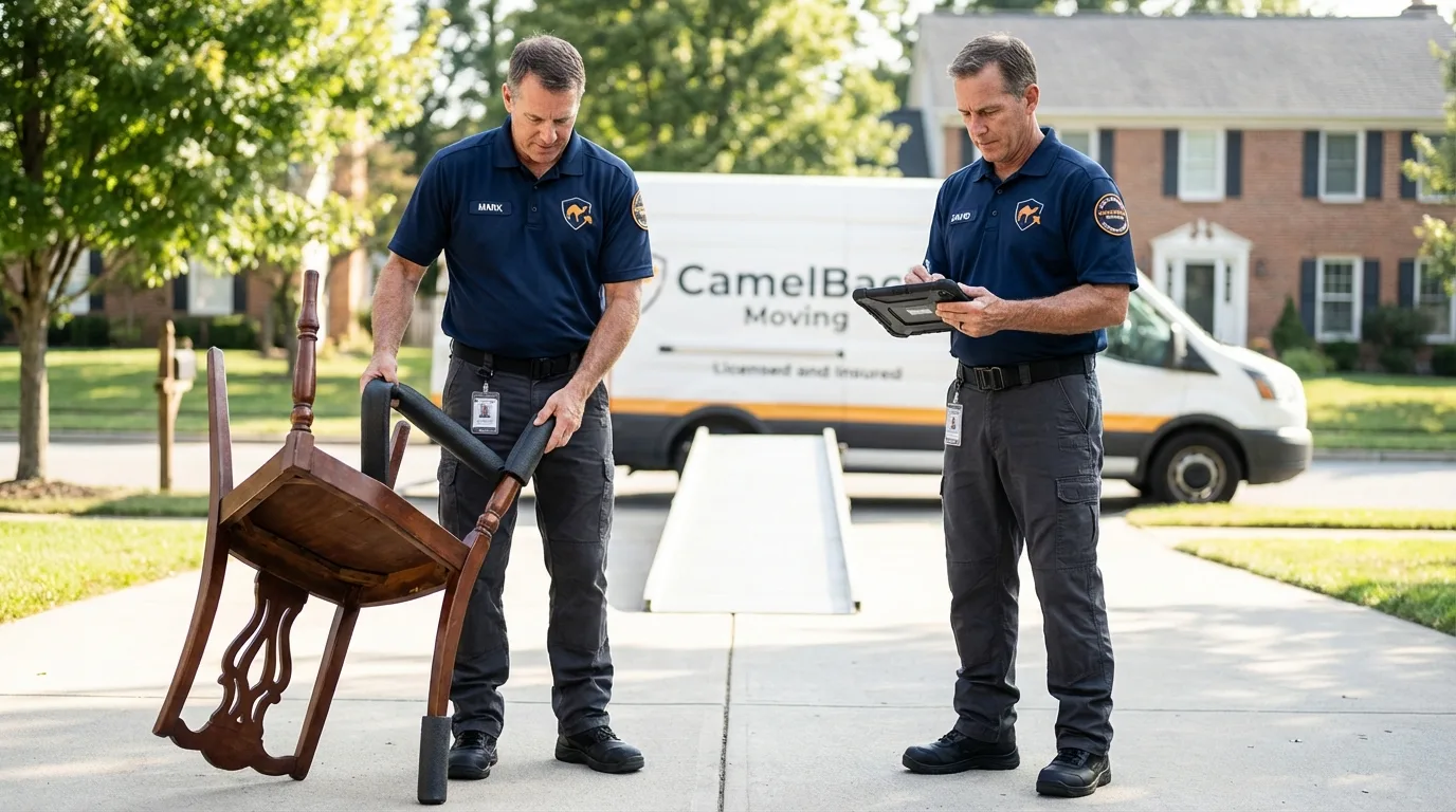 Movers inspecting furniture for damage prevention before loading in Covington, IN