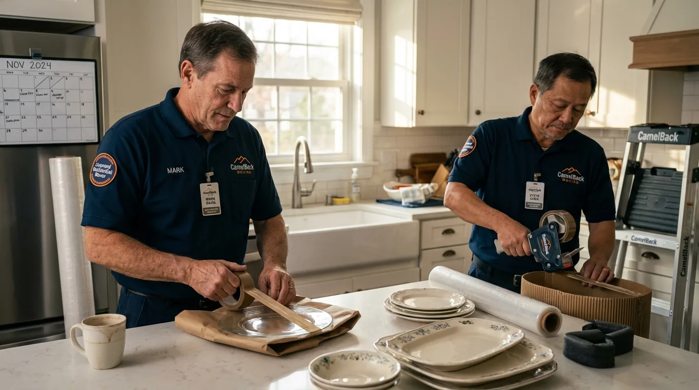 Professional crew packing kitchen dishware in Covington, IN